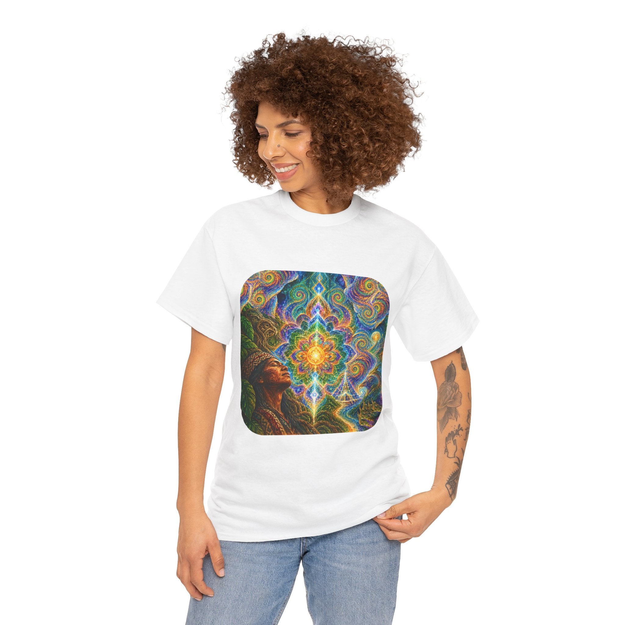 "See the world not with eyes, but with the soul." Ayahuasca  T-Shirt — Mystic Mandala & Shamanic Portrait Graphic