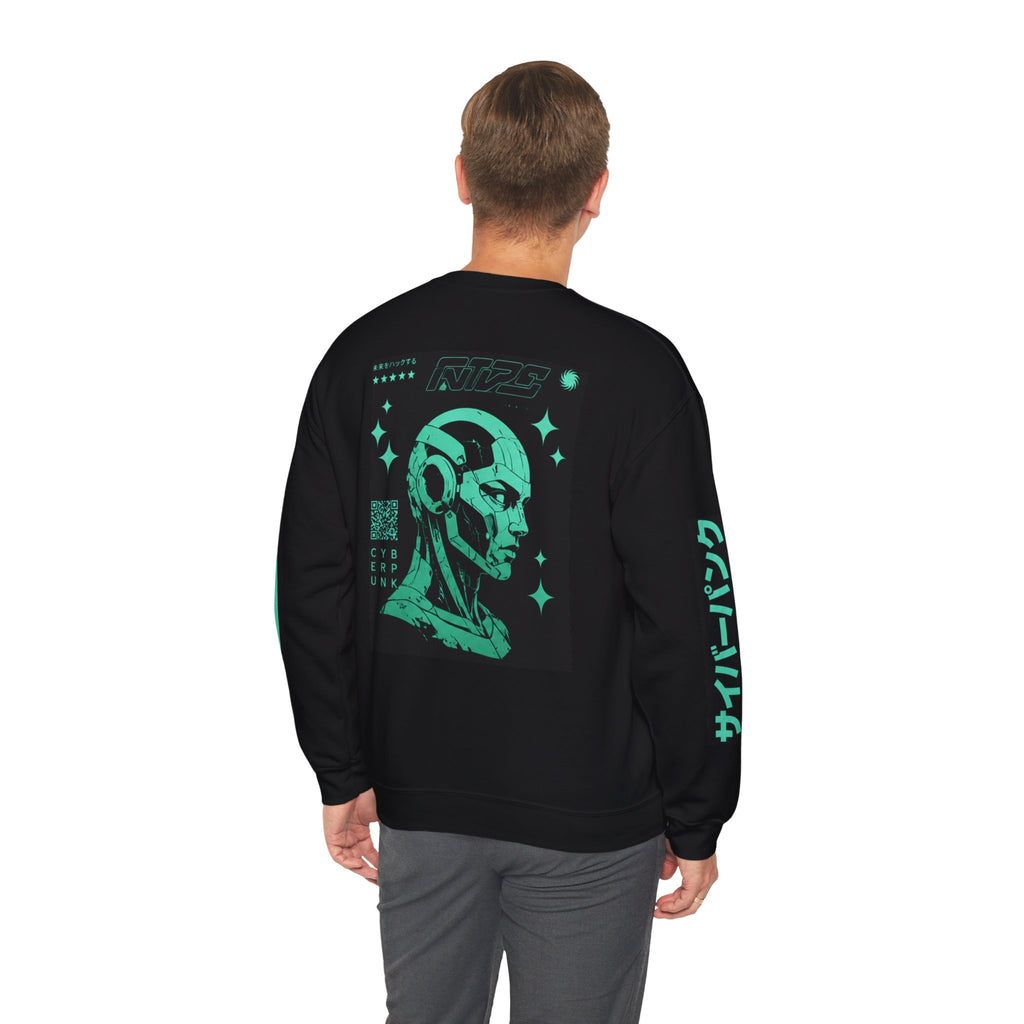Cyberpunk Android Crewneck Sweatshirt — Neon Green Robotic Head Design