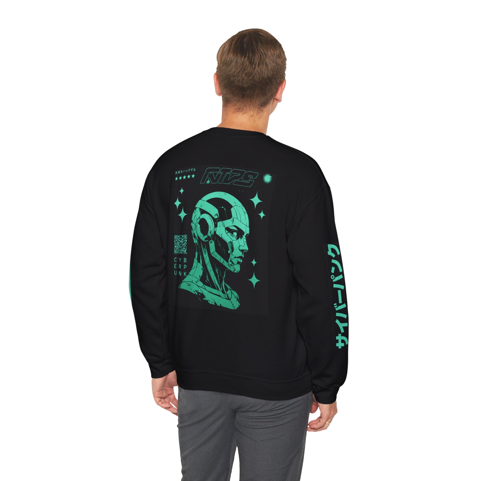 Cyberpunk Android Crewneck Sweatshirt — Neon Green Robotic Head Design