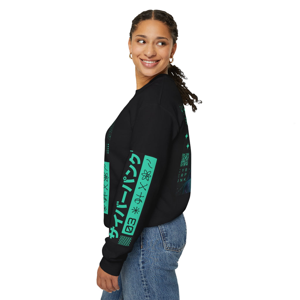 Cyberpunk Alien Crewneck Sweatshirt — Neon Green Futuristic Graphic