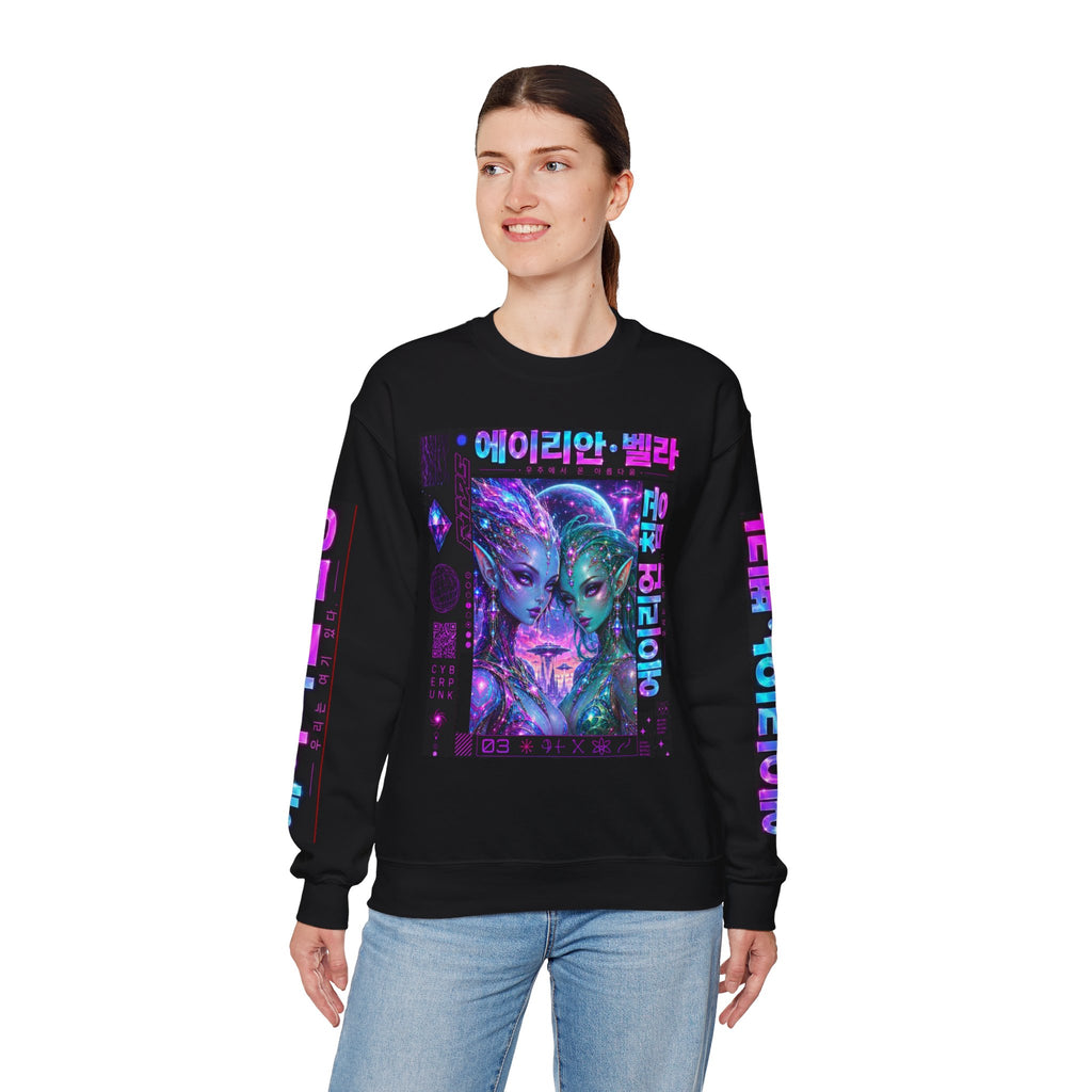 Alien Sisters Crewneck Sweatshirt — Neon Cyberpunk Space Art