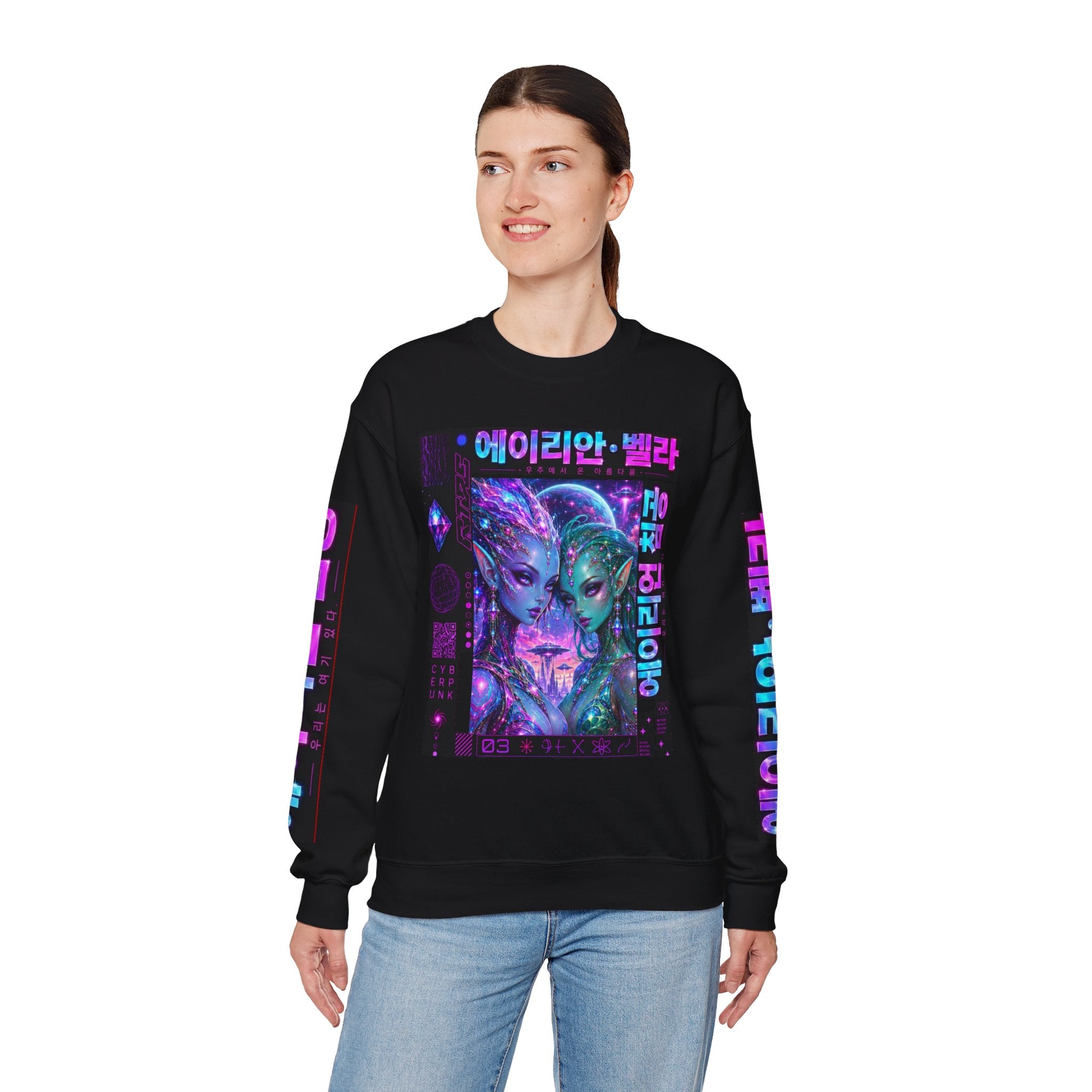 Alien Sisters Crewneck Sweatshirt — Neon Cyberpunk Space Art