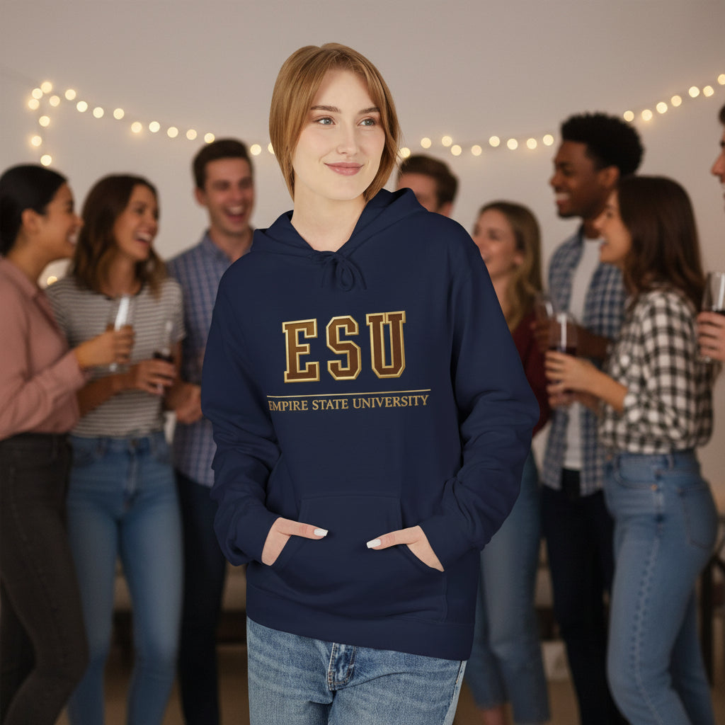 ESU Empire State University Hoodie — Collegiate Brown Pullover with Crest & Element Icons