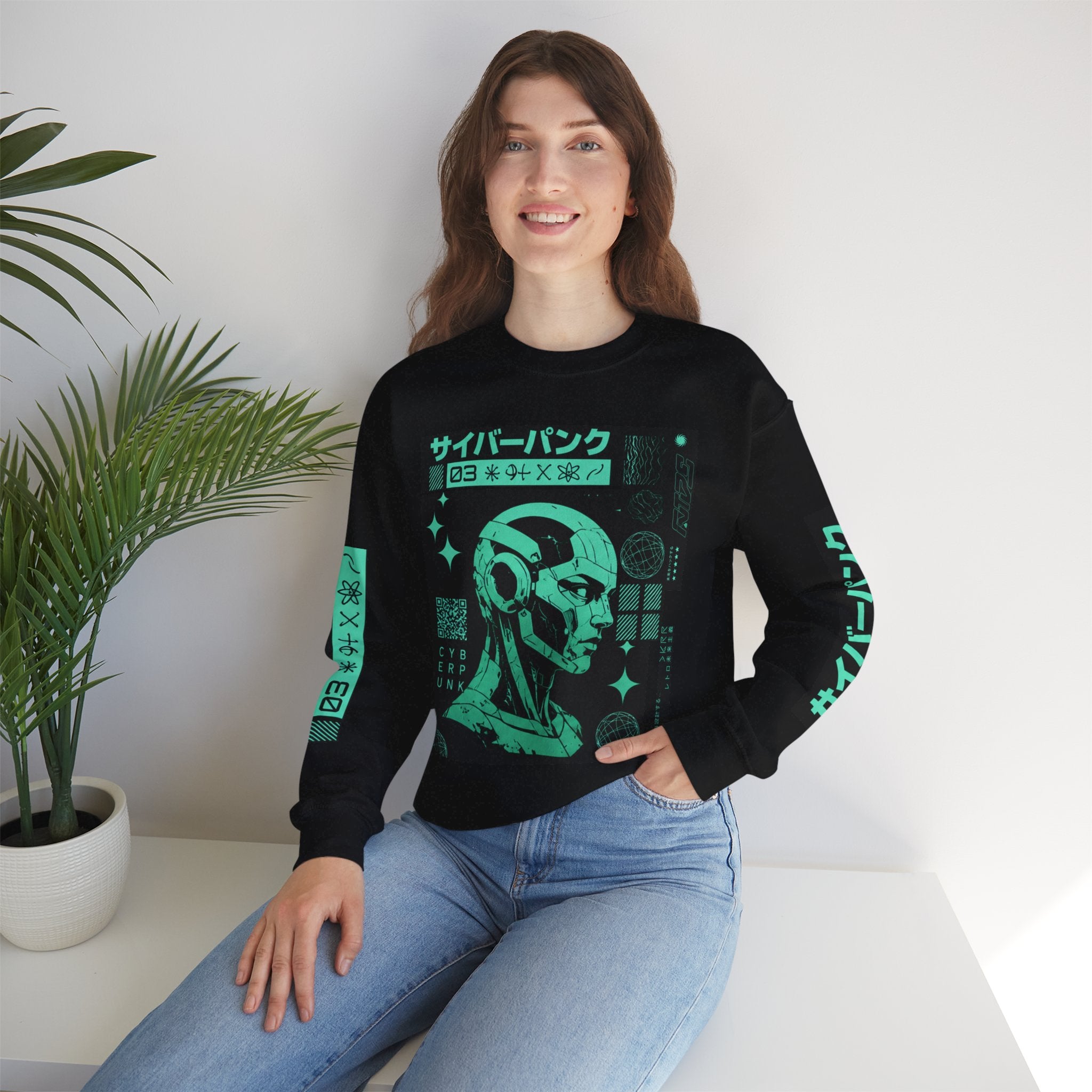 Cyberpunk Android Crewneck Sweatshirt — Neon Green Robotic Head Design