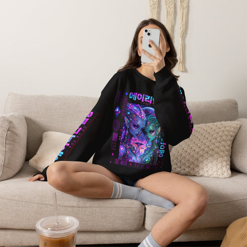 Alien Sisters Crewneck Sweatshirt — Neon Cyberpunk Space Art