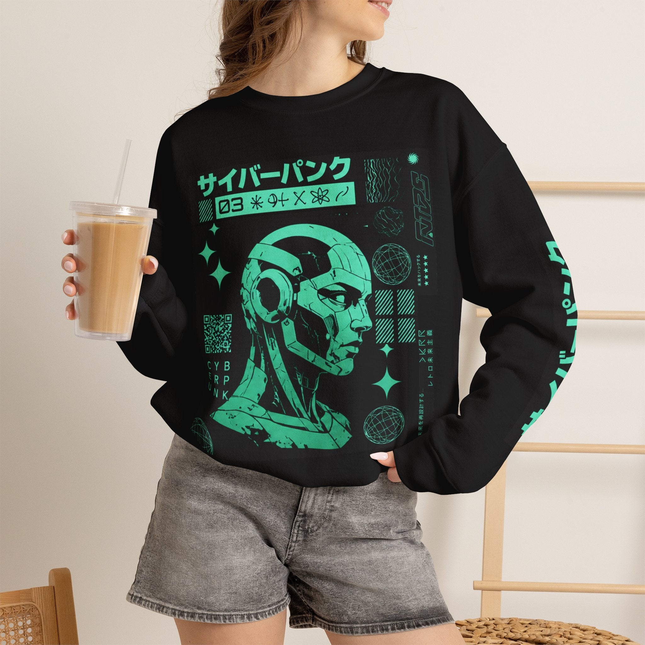 Cyberpunk Android Crewneck Sweatshirt — Neon Green Robotic Head Design