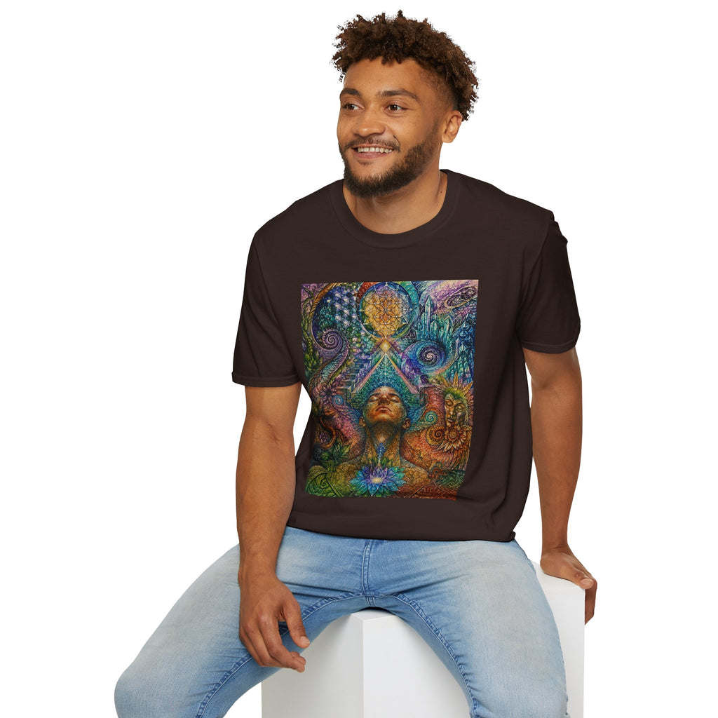 Psychedelic Visionary Tee — Spiritual Geometry & Rising Human Artwork