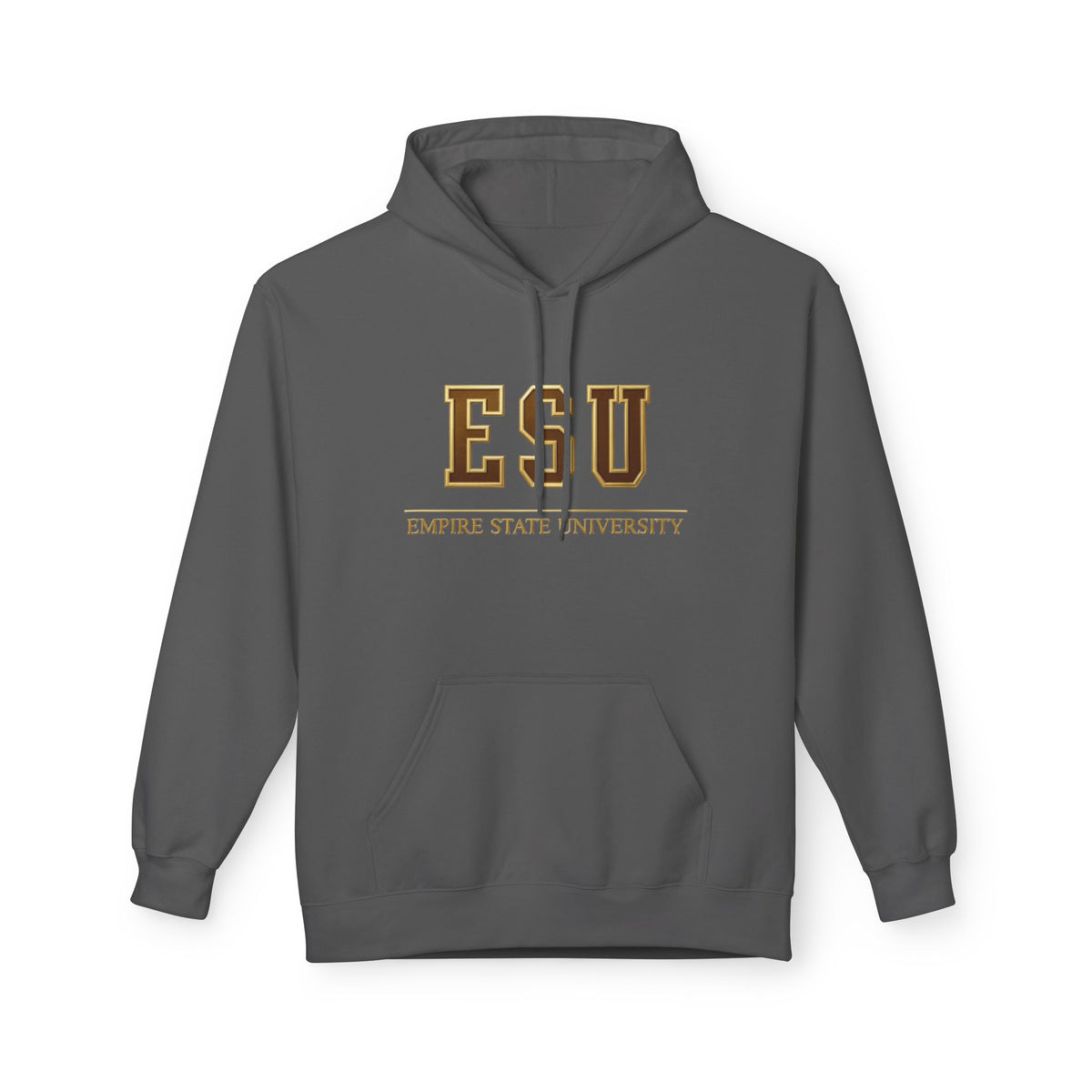 ESU Empire State University Hoodie — Collegiate Brown Pullover with Crest & Element Icons