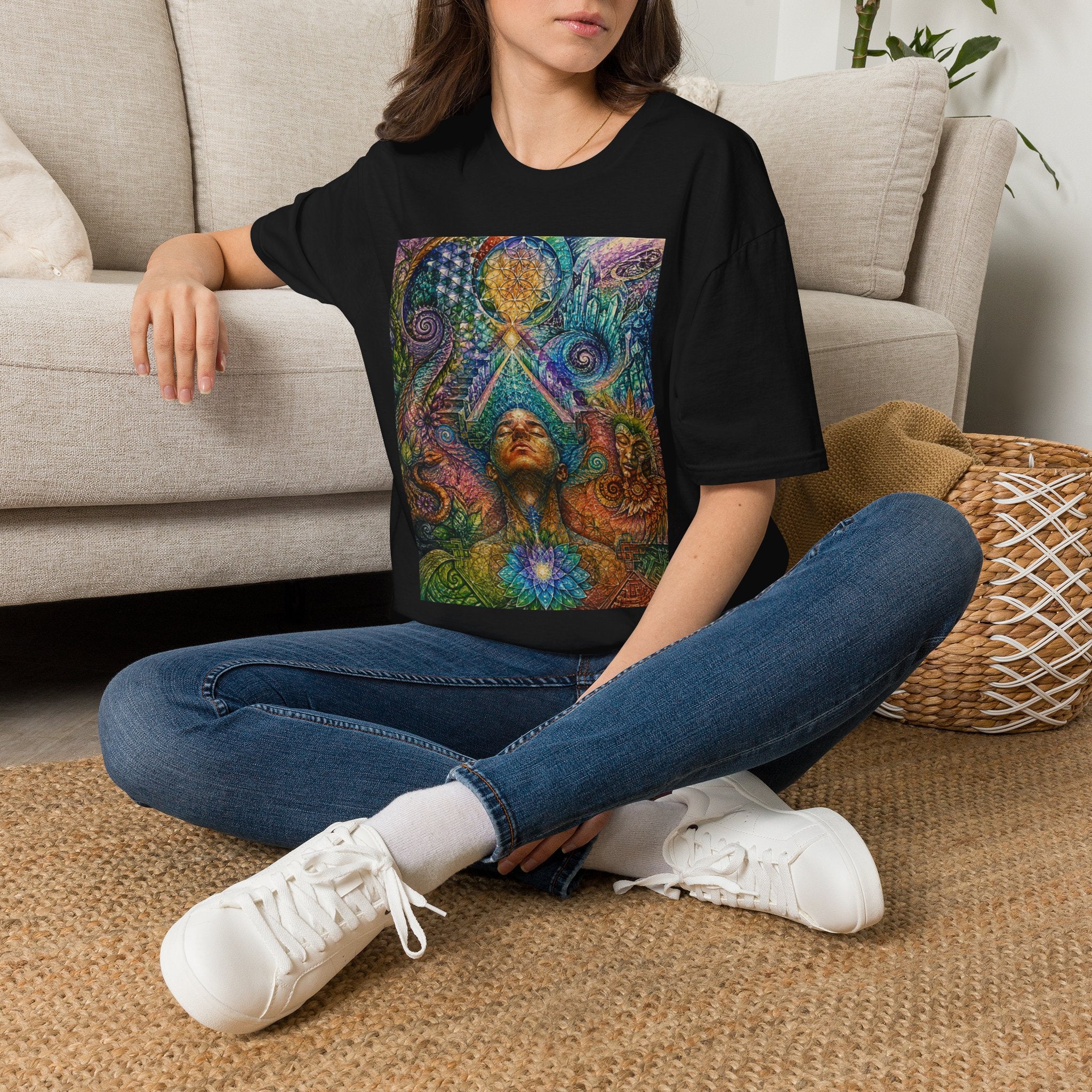 Psychedelic Visionary Tee — Spiritual Geometry & Rising Human Artwork