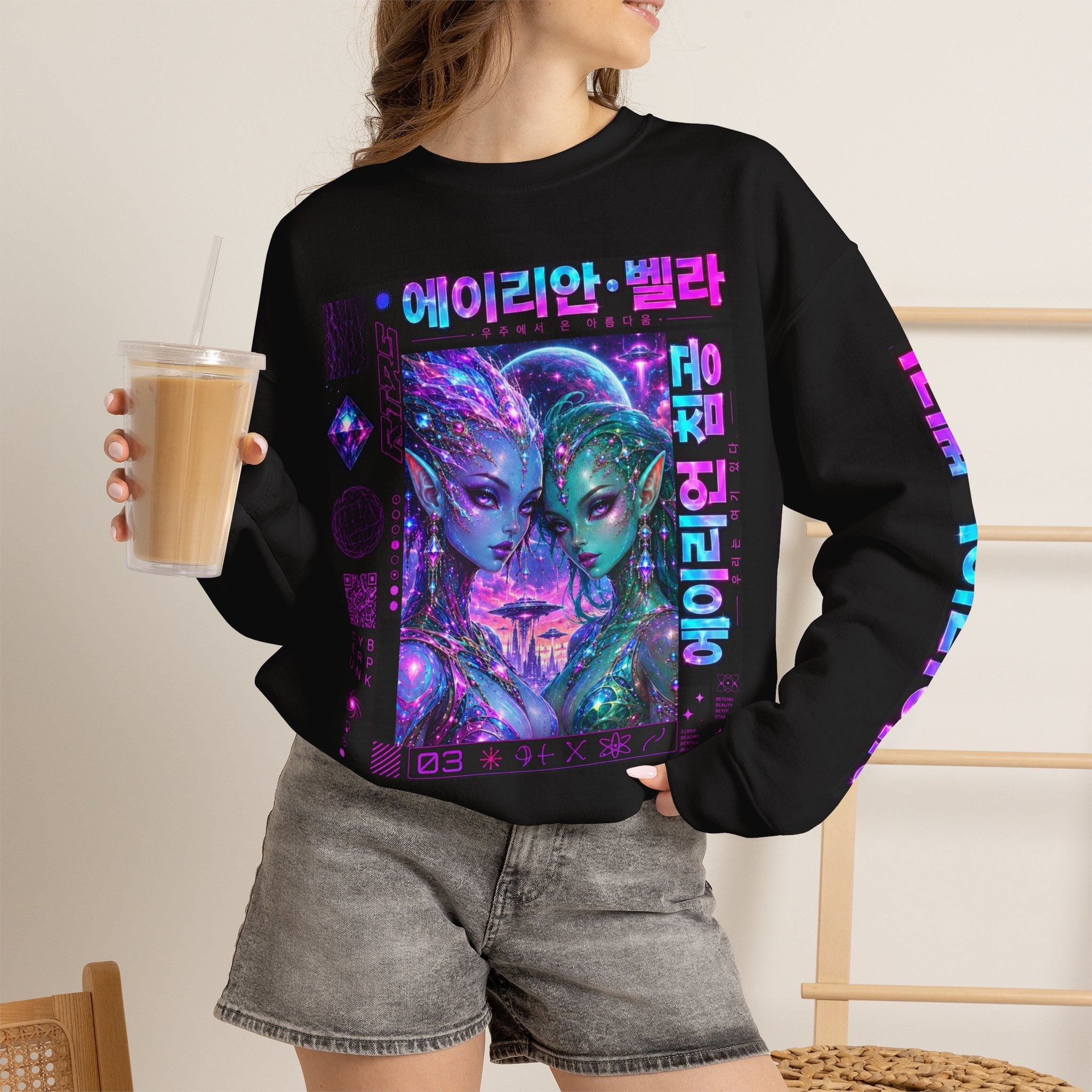 Alien Sisters Crewneck Sweatshirt — Neon Cyberpunk Space Art