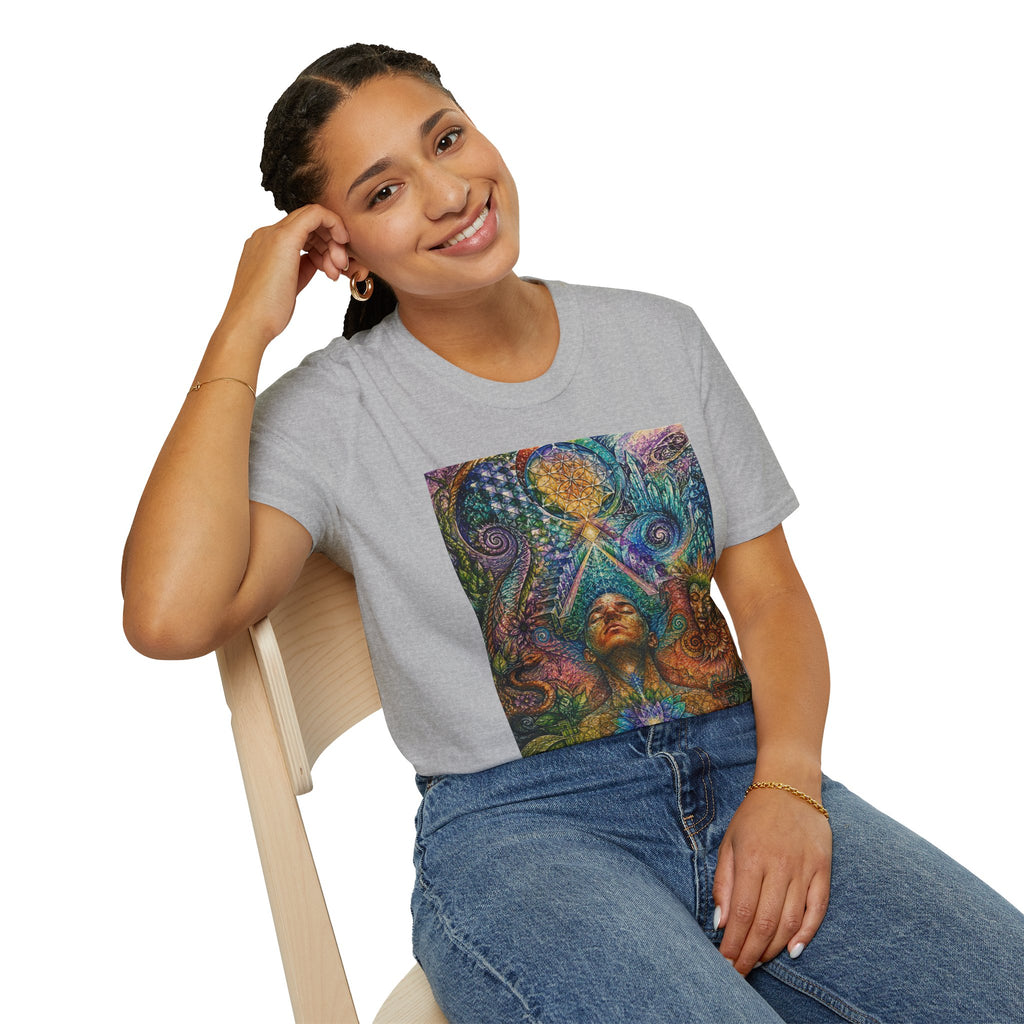 Psychedelic Visionary Tee — Spiritual Geometry & Rising Human Artwork