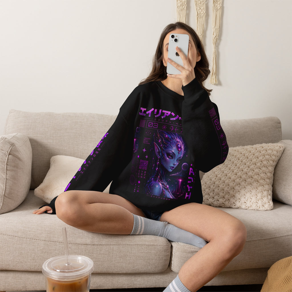 Alien Empress Crewneck Sweatshirt — Violet Cosmic Anime Graphic