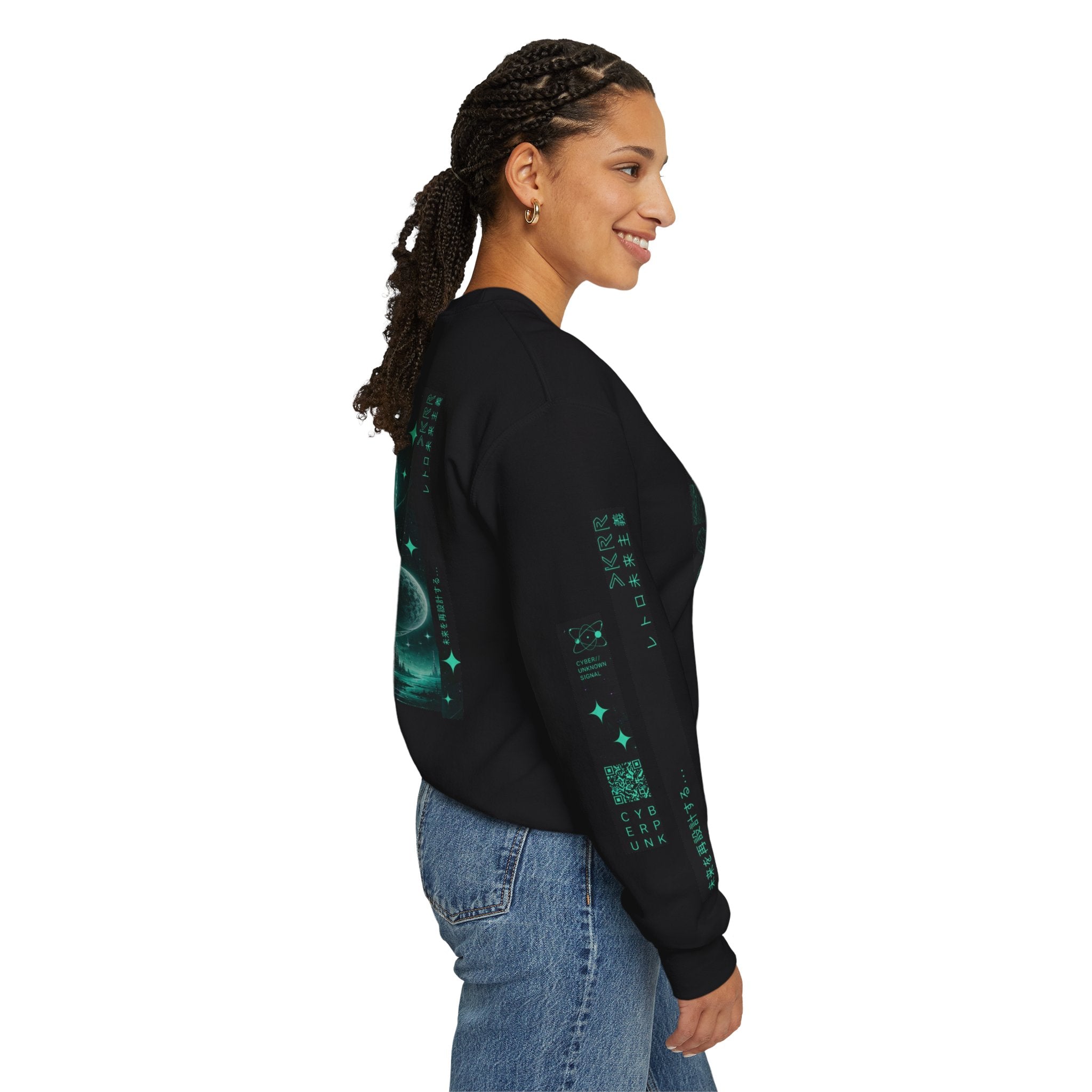Cyberpunk Alien Crewneck Sweatshirt — Neon Green Futuristic Graphic