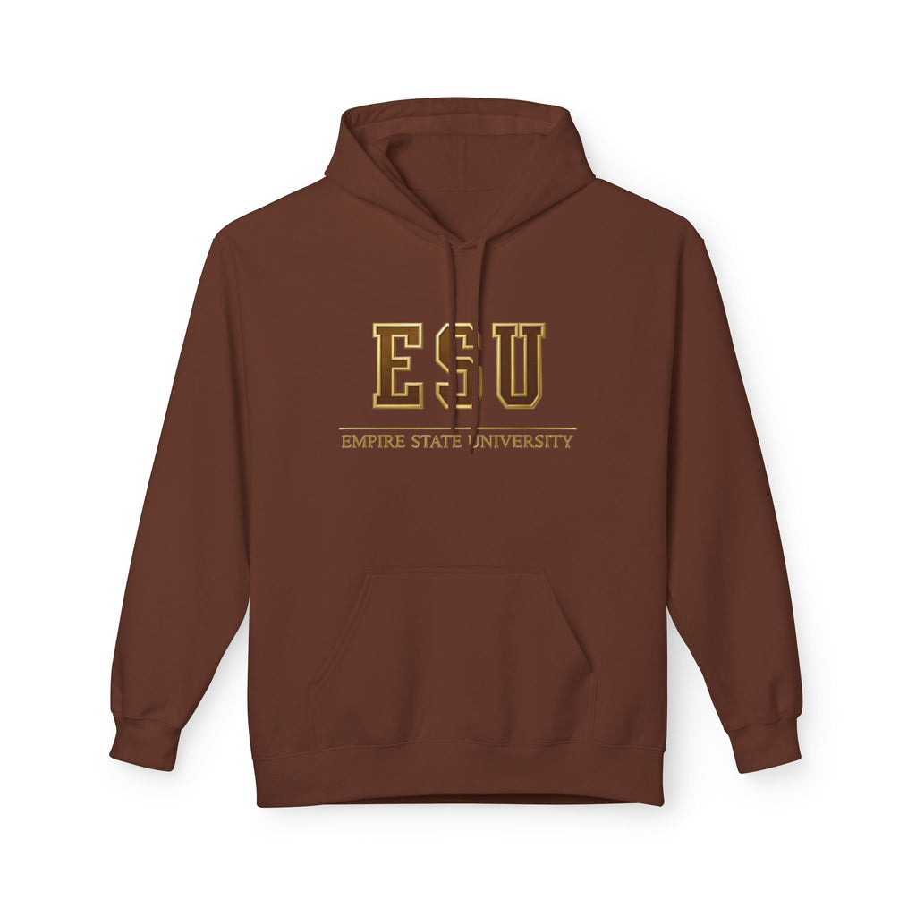 ESU Empire State University Hoodie — Collegiate Brown Pullover with Crest & Element Icons