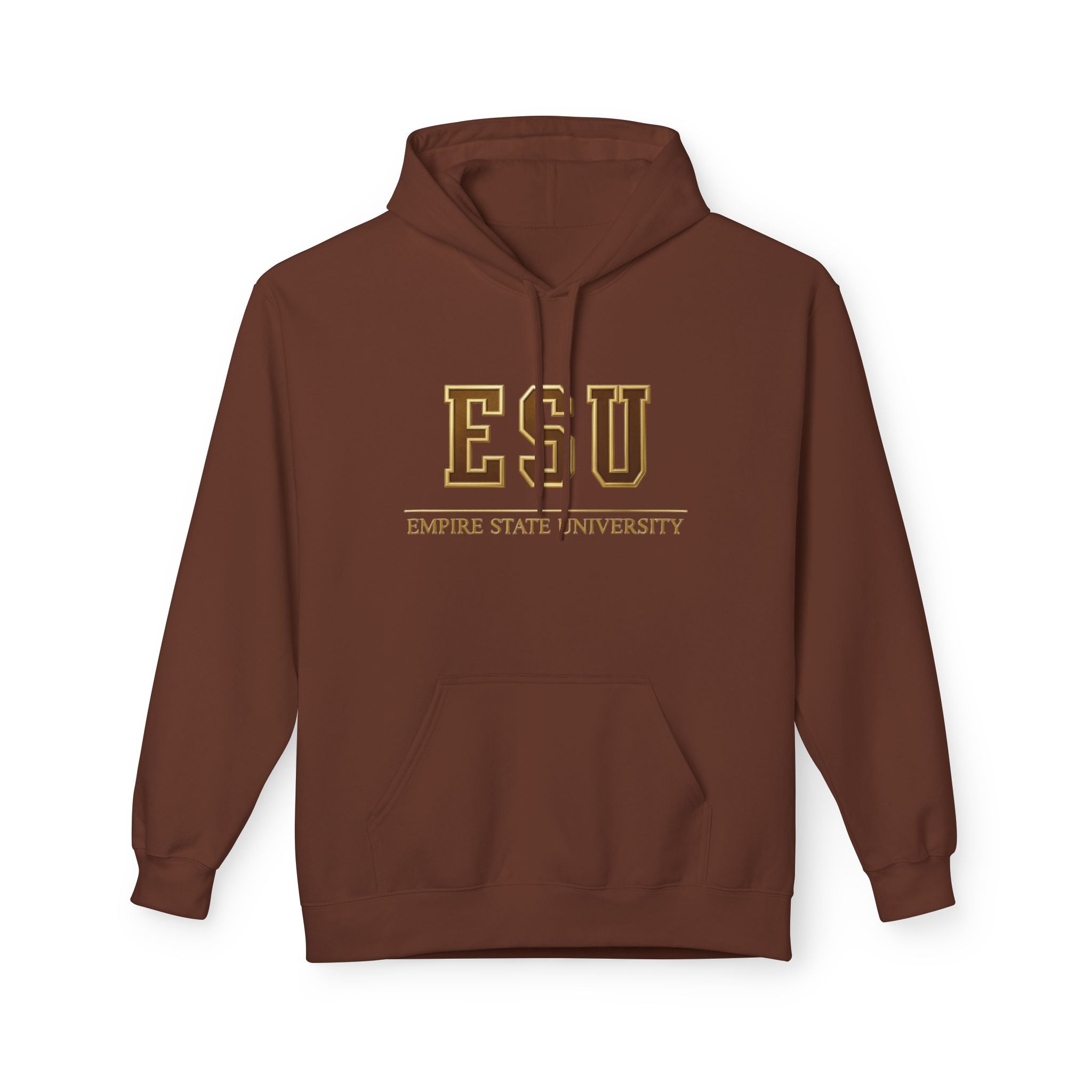 ESU Empire State University Hoodie — Collegiate Brown Pullover with Crest & Element Icons