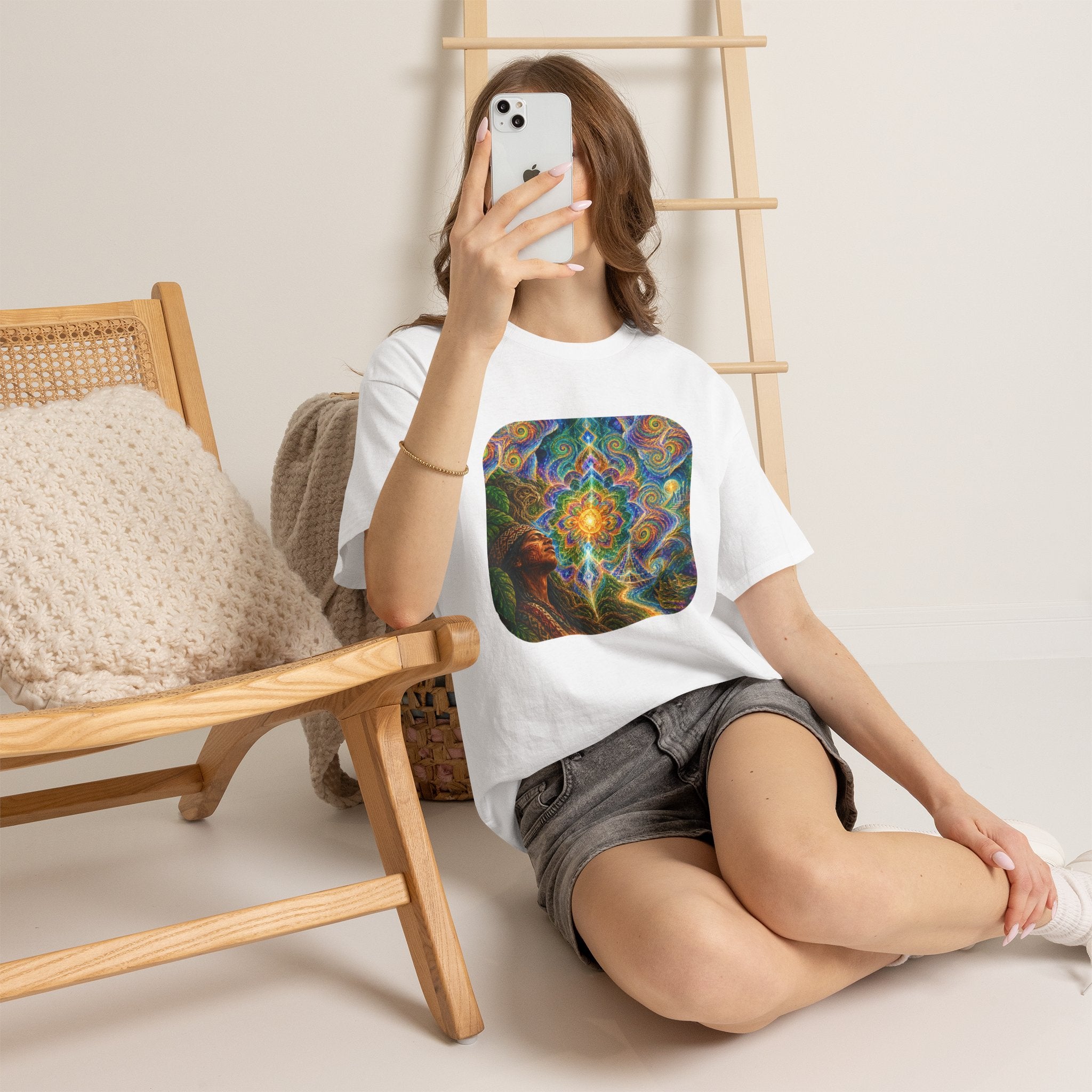 "See the world not with eyes, but with the soul." Ayahuasca  T-Shirt — Mystic Mandala & Shamanic Portrait Graphic