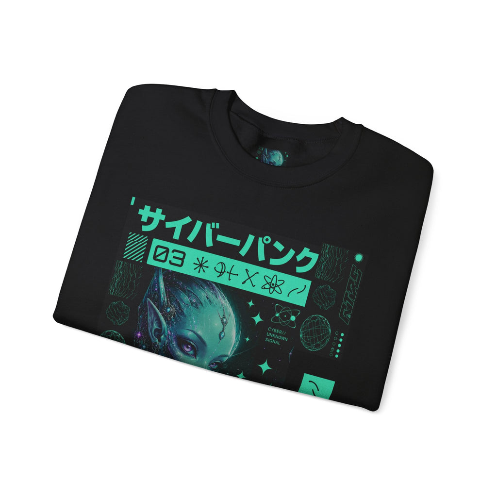 Cyberpunk Alien Crewneck Sweatshirt — Neon Green Futuristic Graphic