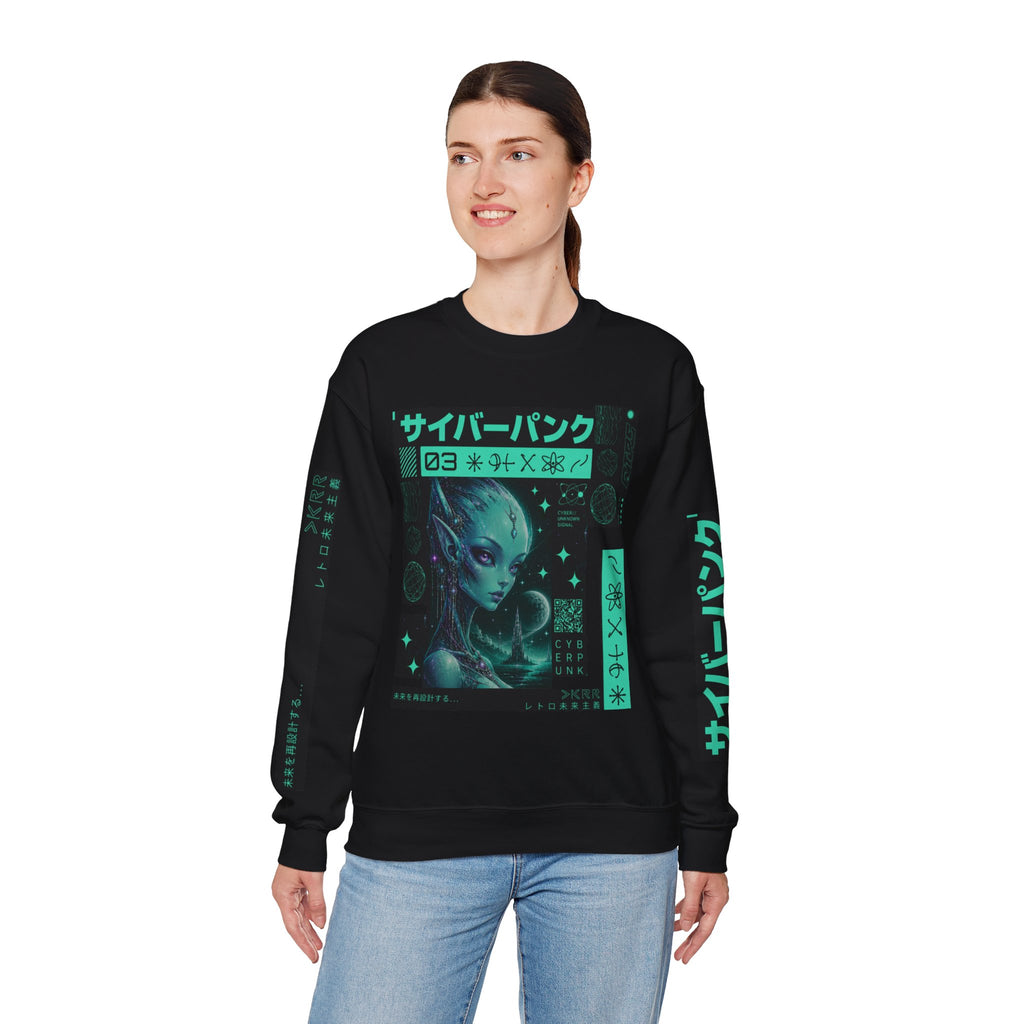 Cyberpunk Alien Crewneck Sweatshirt — Neon Green Futuristic Graphic