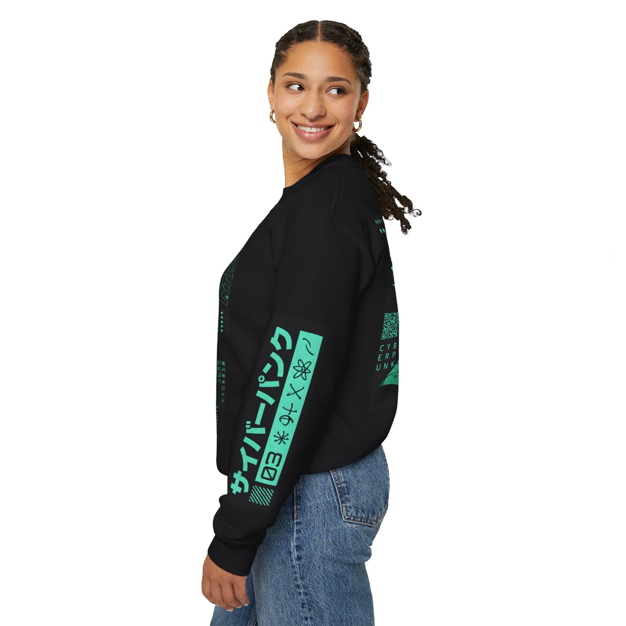 Cyberpunk Android Crewneck Sweatshirt — Neon Green Robotic Head Design