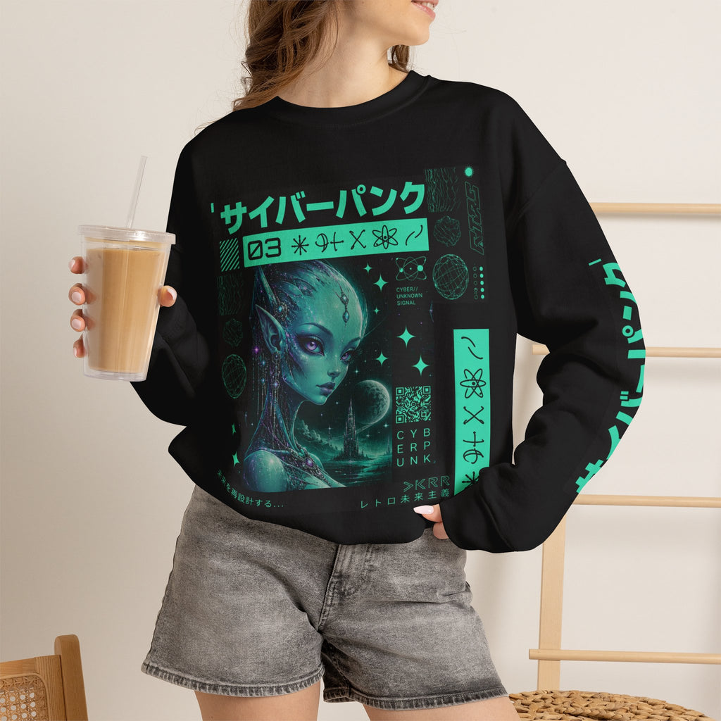 Cyberpunk Alien Crewneck Sweatshirt — Neon Green Futuristic Graphic