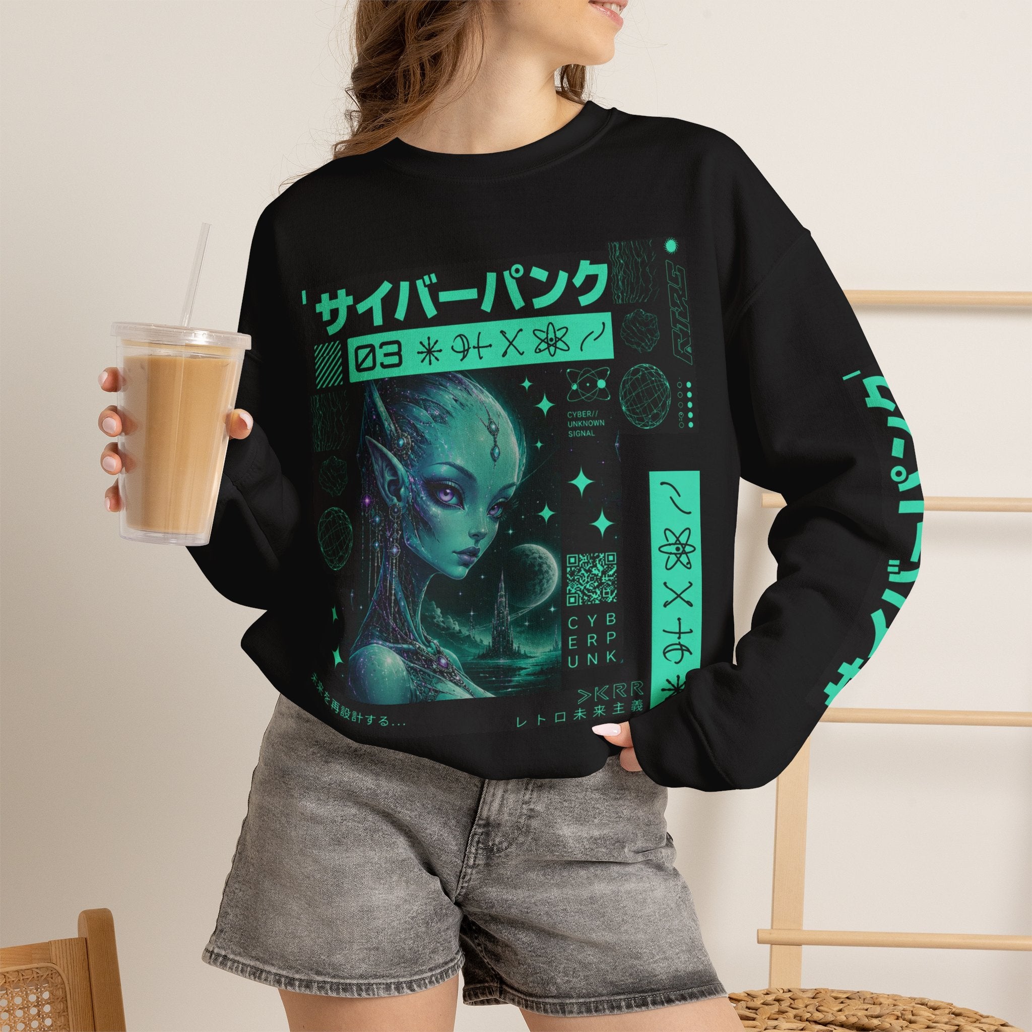 Cyberpunk Alien Crewneck Sweatshirt — Neon Green Futuristic Graphic