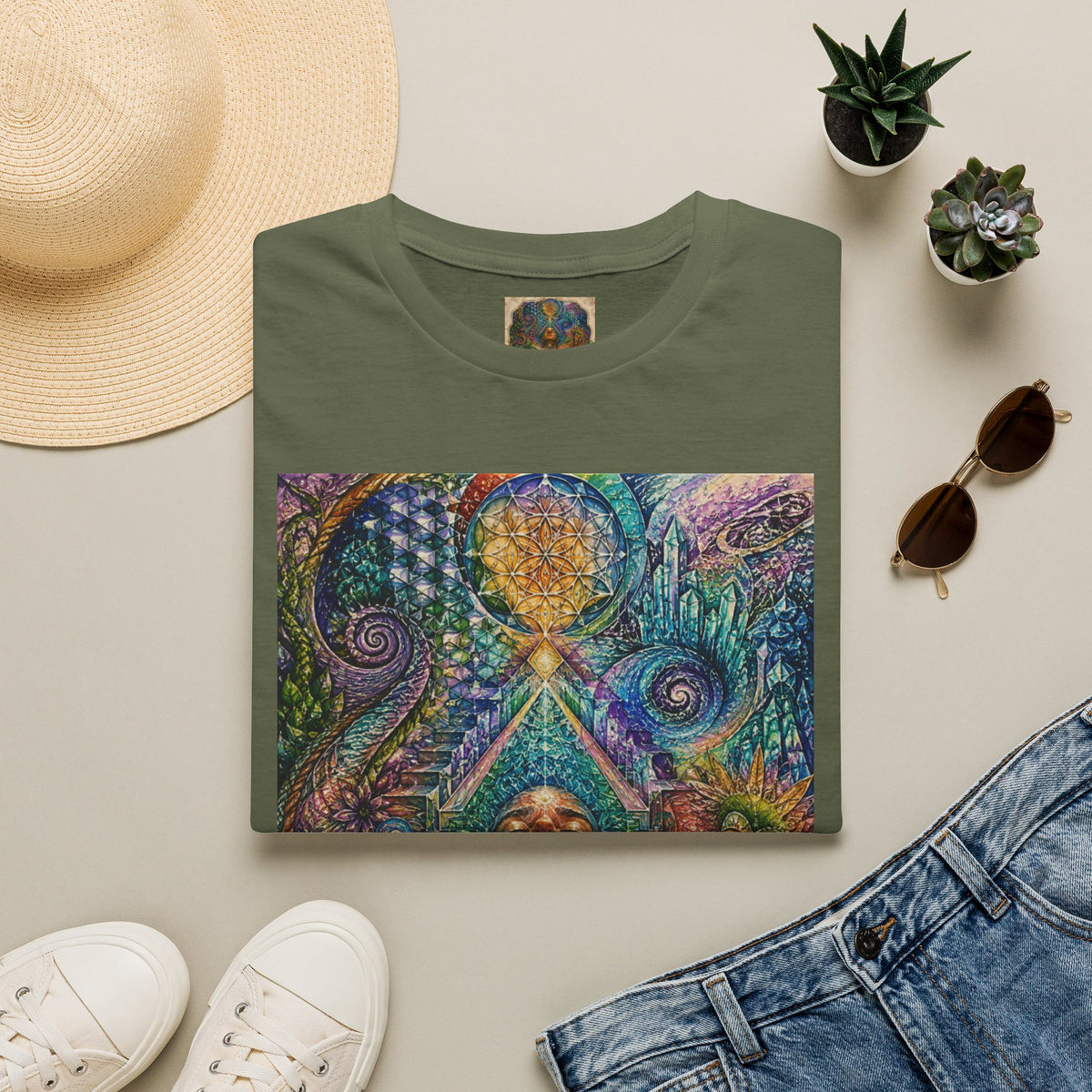 Psychedelic Visionary Tee — Spiritual Geometry & Rising Human Artwork