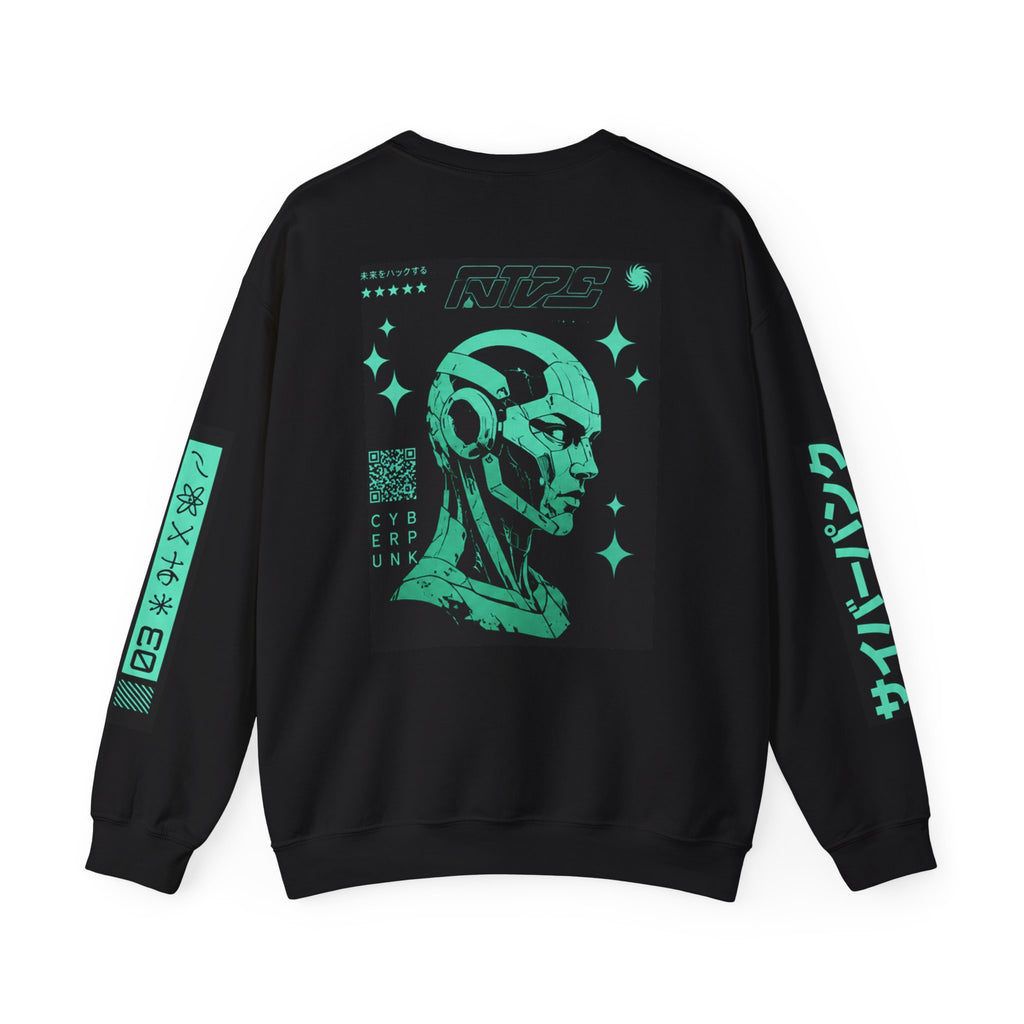 Cyberpunk Android Crewneck Sweatshirt — Neon Green Robotic Head Design