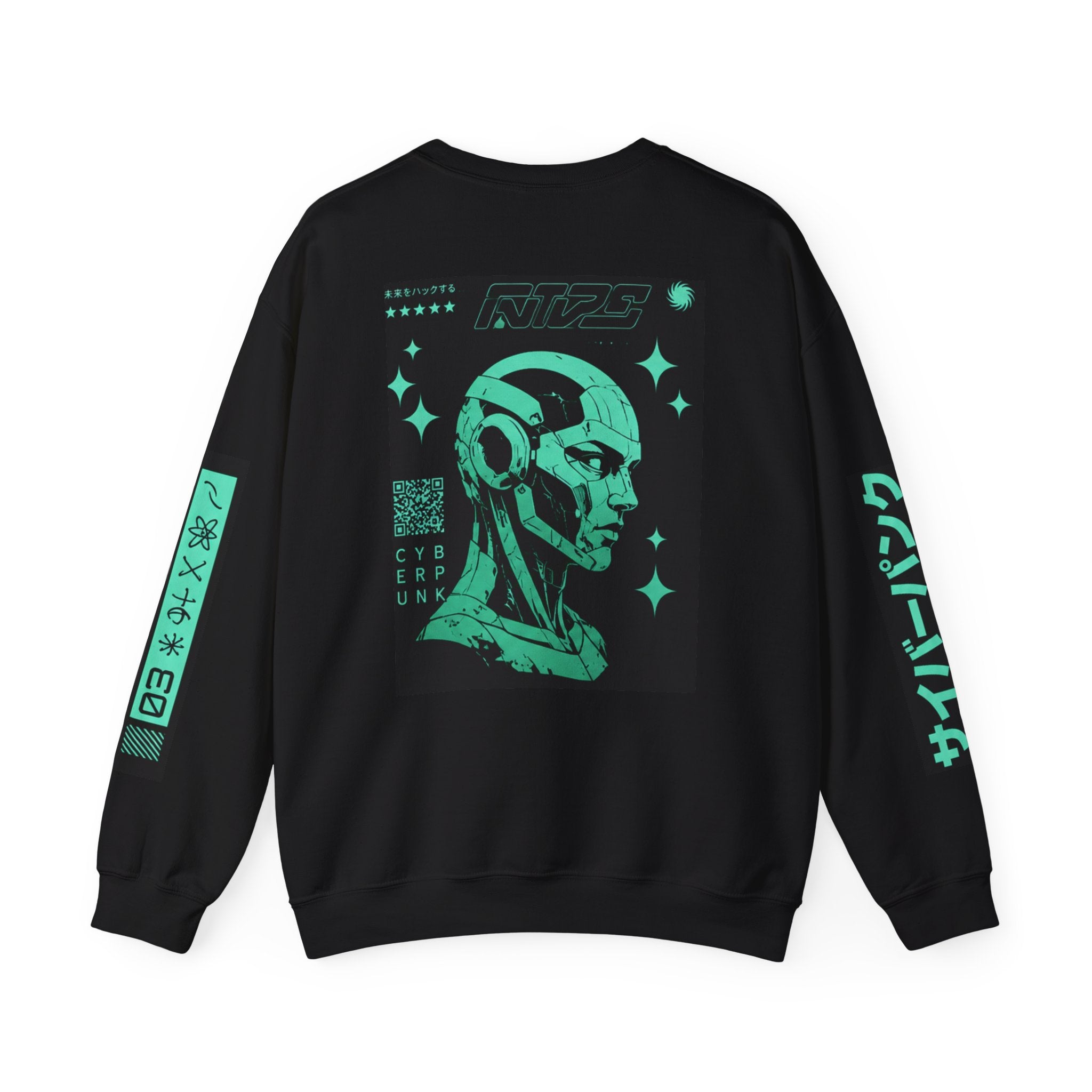 Cyberpunk Android Crewneck Sweatshirt — Neon Green Robotic Head Design