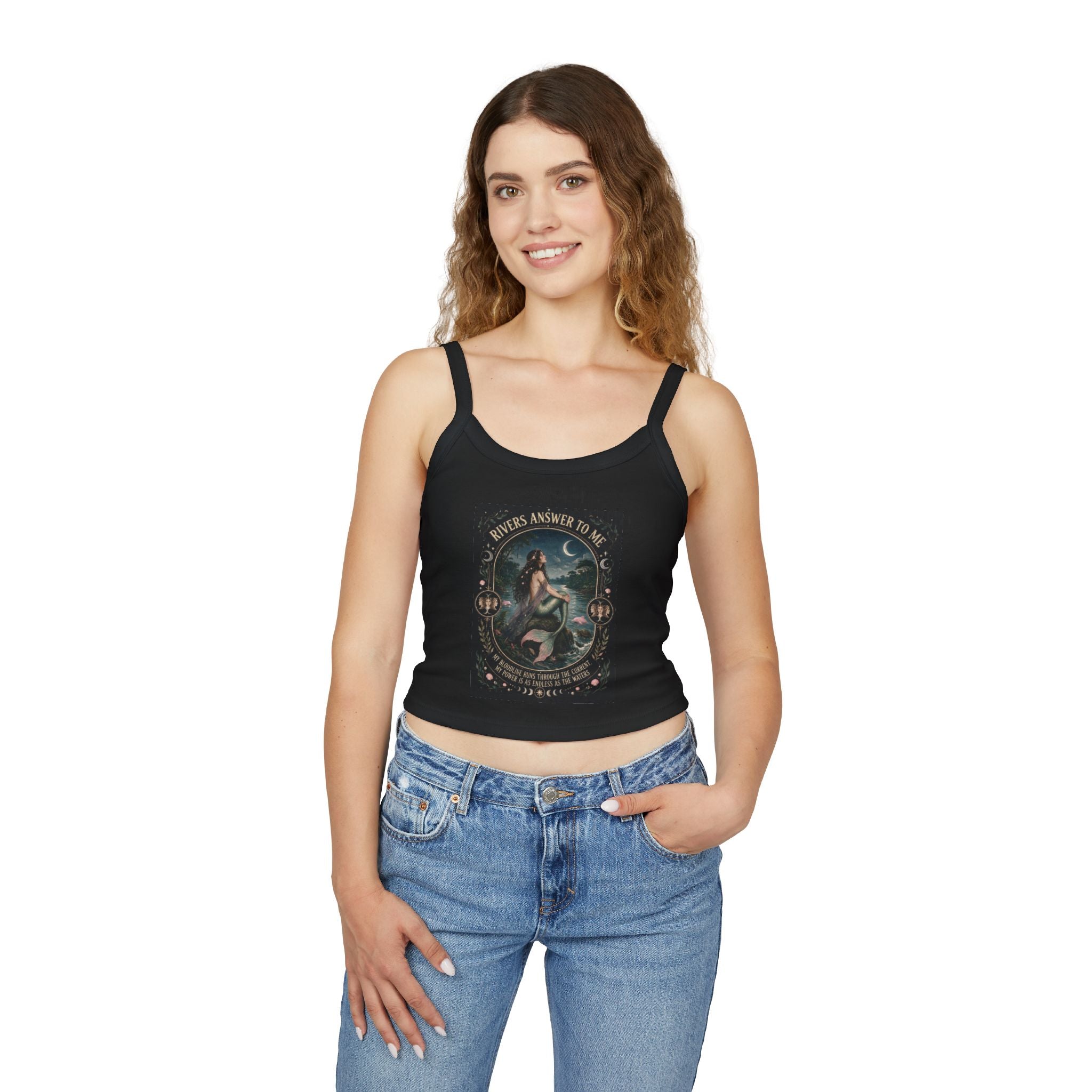 Mermaid Vintage Graphic Tank Top — "Rivers Answer to Me" Cropped Spaghetti Strap
