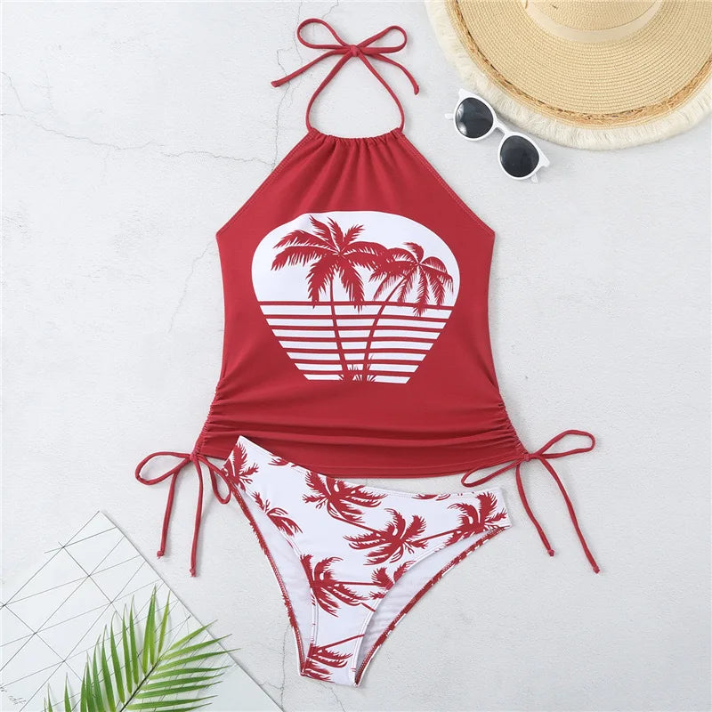 2025 Sexy Solid Print Tankini Set Tied Halter Bikini Swimsuit Women Swimwear Biquinis Summer Backless Beach Bathing Suit NEW