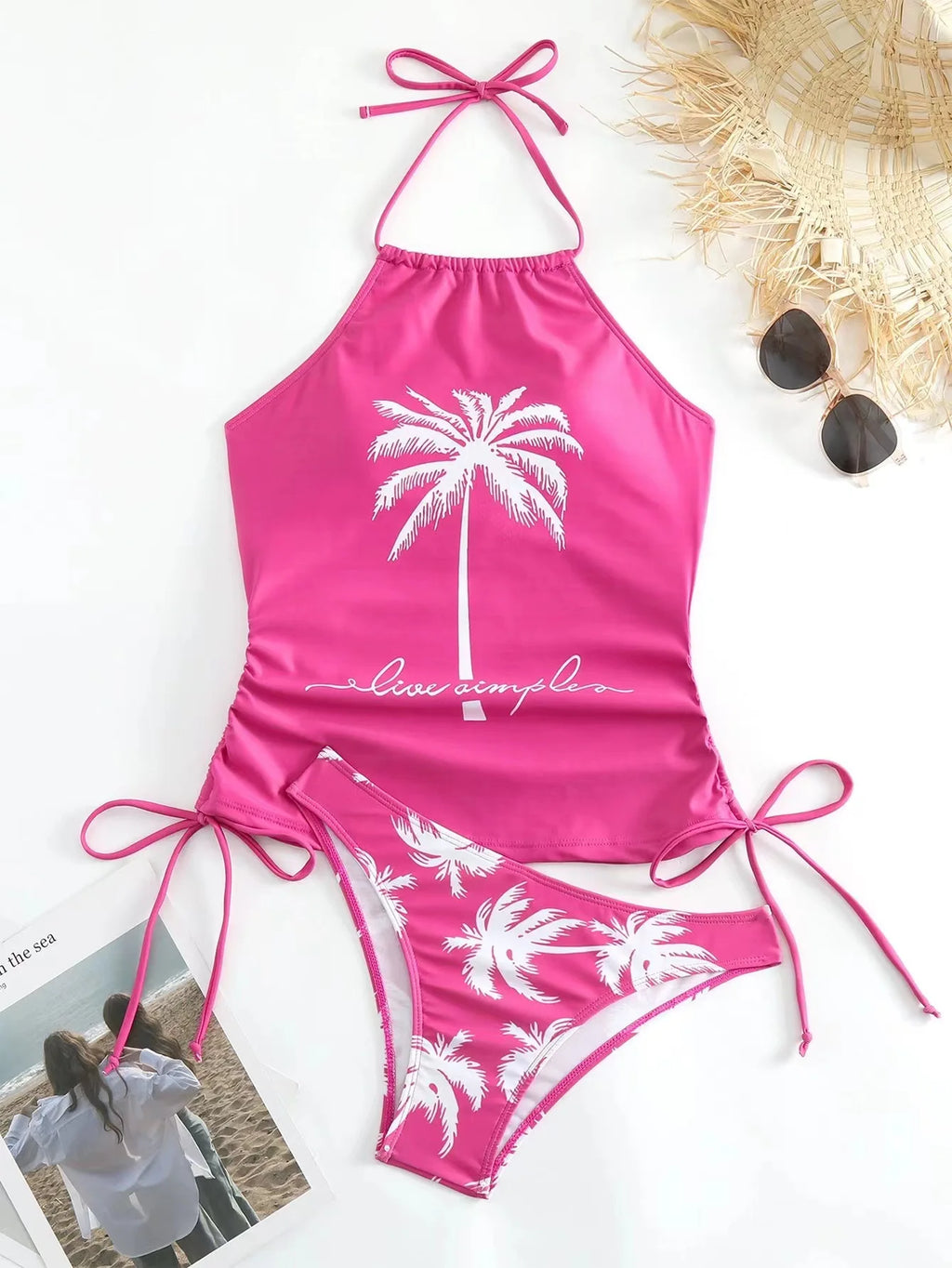 2025 Sexy Solid Print Tankini Set Tied Halter Bikini Swimsuit Women Swimwear Biquinis Summer Backless Beach Bathing Suit NEW