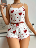 Women's Pajamas Set Straps Sleepwear Vest + Shorts Red Heart Print Nightwear Sexy Lingerie