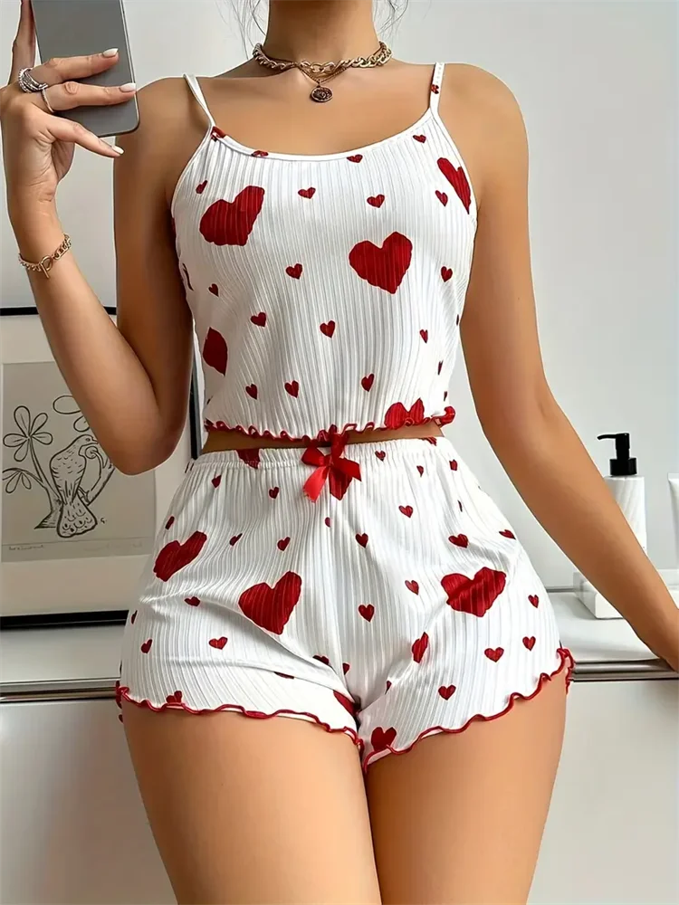Women's Pajamas Set Straps Sleepwear Vest + Shorts Red Heart Print Nightwear Sexy Lingerie