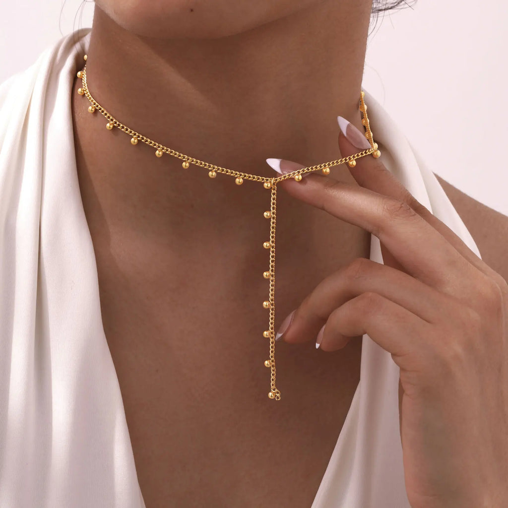 Prjewel Simple Beads Y-Shaped Tassel Necklace For Women Gold Color Frame Chain Necklaces Fashion Stainless Steel Jewelry New