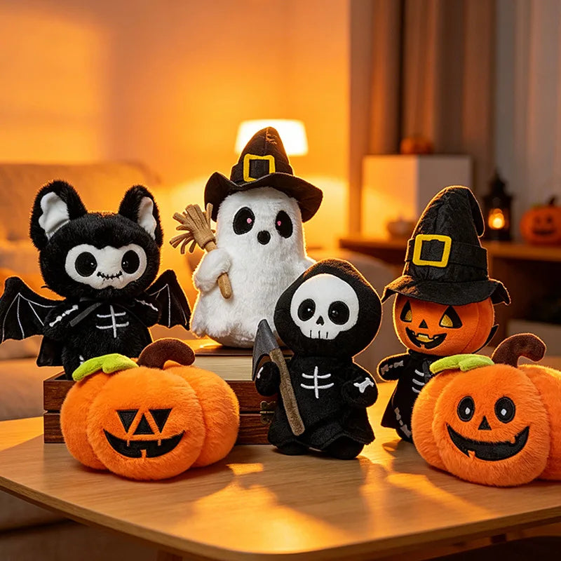 Halloween Plush Toy Soft Stuffed Ghost Bat Pumpkin Grim Reaper Dolls Cute Plushies for Kids Halloween Party Favors & Home Decor