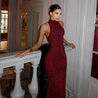2026 Women's Elegant Shiny Red Sleeveless Long Dress Sexy Slim Bodycon Sequin Maxi Gown for Party Fashion Solid Color Robe