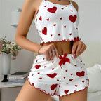 Women's Pajamas Set Straps Sleepwear Vest + Shorts Red Heart Print Nightwear Sexy Lingerie