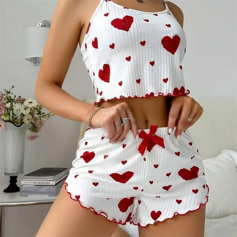 Women's Pajamas Set Straps Sleepwear Vest + Shorts Red Heart Print Nightwear Sexy Lingerie