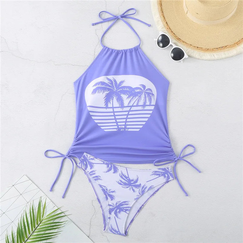 2025 Sexy Solid Print Tankini Set Tied Halter Bikini Swimsuit Women Swimwear Biquinis Summer Backless Beach Bathing Suit NEW