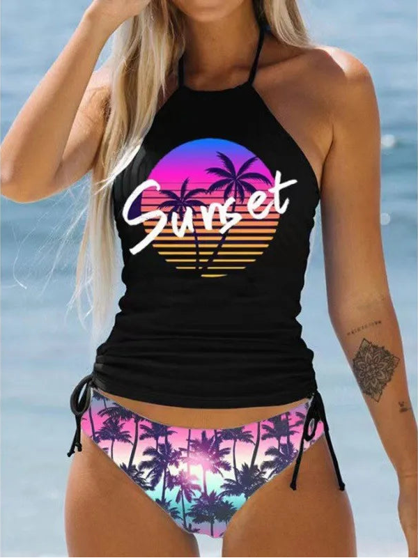 2025 Sexy Solid Print Tankini Set Tied Halter Bikini Swimsuit Women Swimwear Biquinis Summer Backless Beach Bathing Suit NEW