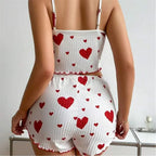 Women's Pajamas Set Straps Sleepwear Vest + Shorts Red Heart Print Nightwear Sexy Lingerie
