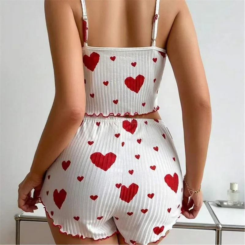 Women's Pajamas Set Straps Sleepwear Vest + Shorts Red Heart Print Nightwear Sexy Lingerie