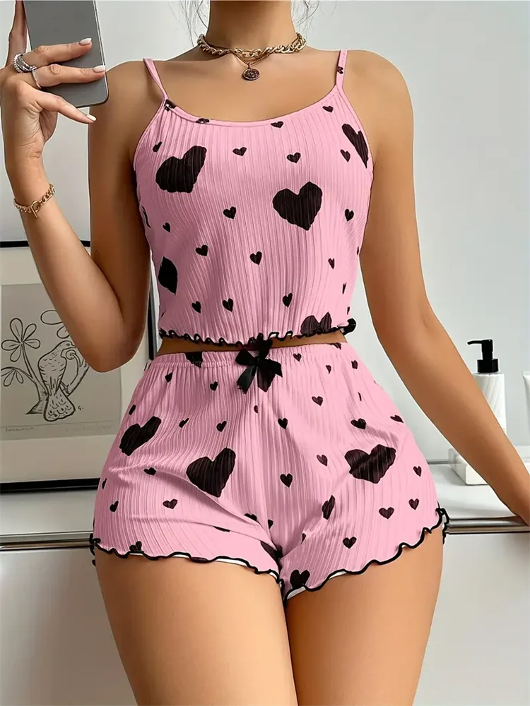 Women's Pajamas Set Straps Sleepwear Vest + Shorts Red Heart Print Nightwear Sexy Lingerie