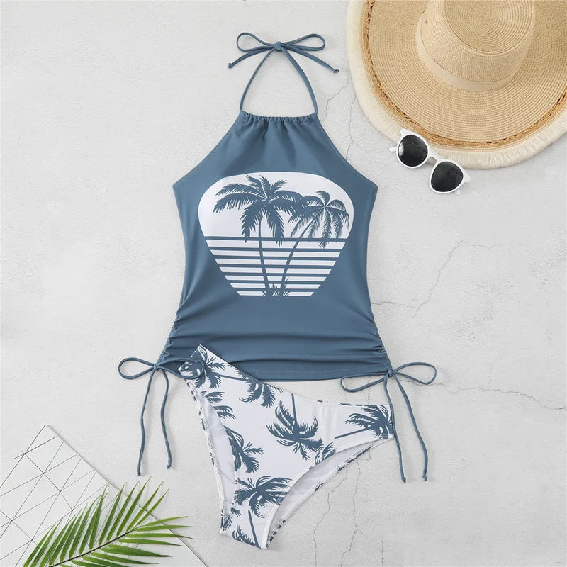2025 Sexy Solid Print Tankini Set Tied Halter Bikini Swimsuit Women Swimwear Biquinis Summer Backless Beach Bathing Suit NEW