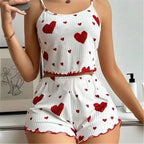 Women's Pajamas Set Straps Sleepwear Vest + Shorts Red Heart Print Nightwear Sexy Lingerie
