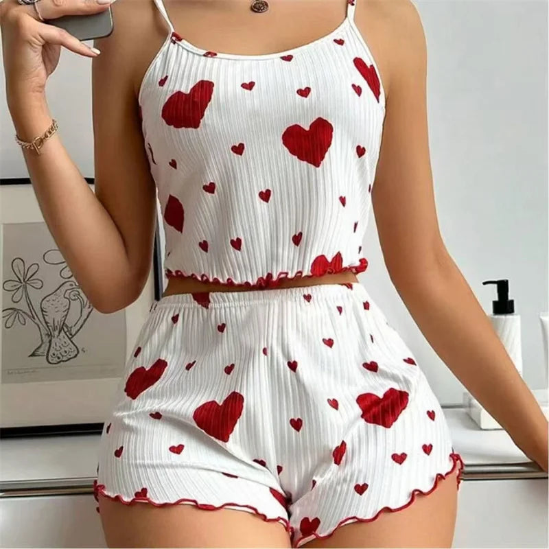 Women's Pajamas Set Straps Sleepwear Vest + Shorts Red Heart Print Nightwear Sexy Lingerie