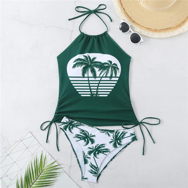 2025 Sexy Solid Print Tankini Set Tied Halter Bikini Swimsuit Women Swimwear Biquinis Summer Backless Beach Bathing Suit NEW