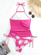 2025 Sexy Solid Print Tankini Set Tied Halter Bikini Swimsuit Women Swimwear Biquinis Summer Backless Beach Bathing Suit NEW