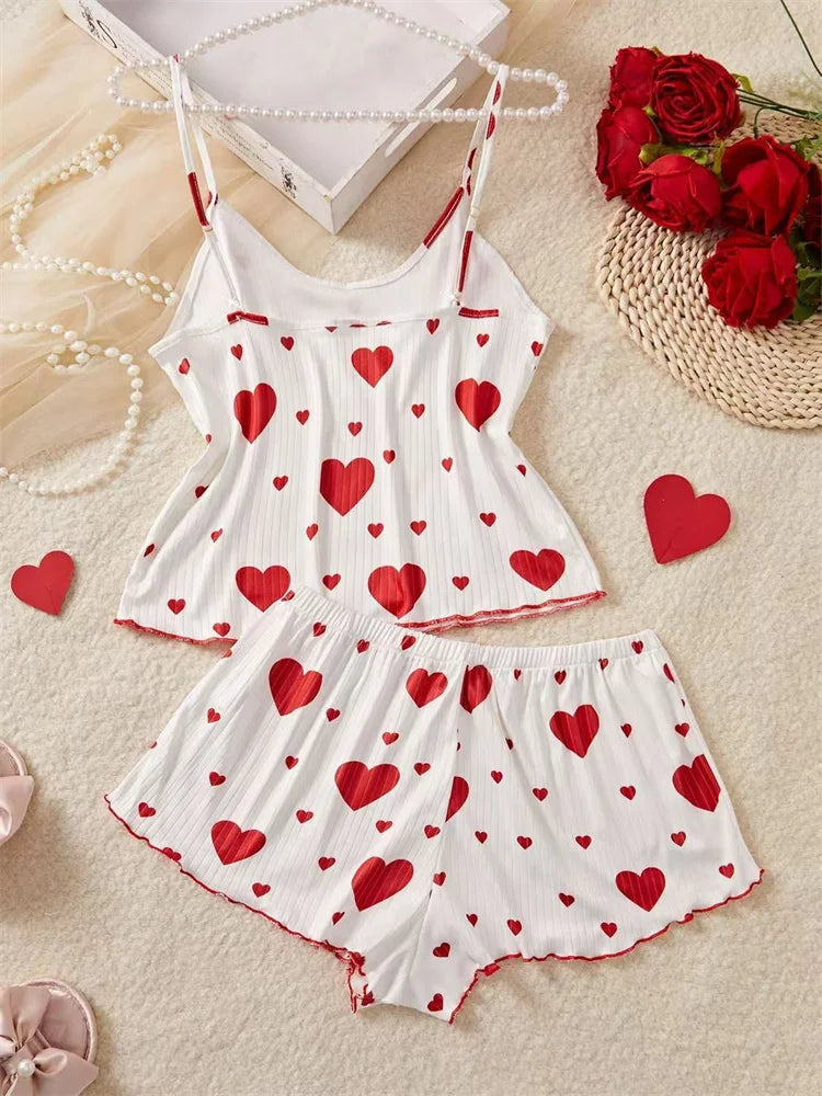 Women's Pajamas Set Straps Sleepwear Vest + Shorts Red Heart Print Nightwear Sexy Lingerie