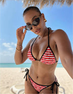 Red & White Nautical Tie‑Side Bikini — Anchor Stripe Tie‑Side Triangle Swimsuit